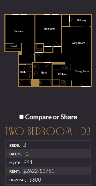 Floor plan for 2 beds, 2 baths, 938 sqft